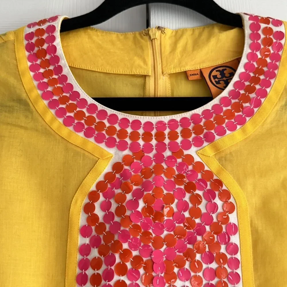 Tory Burch Yellow Embellished Tunic Top Sequin Neck Cotton Size 4